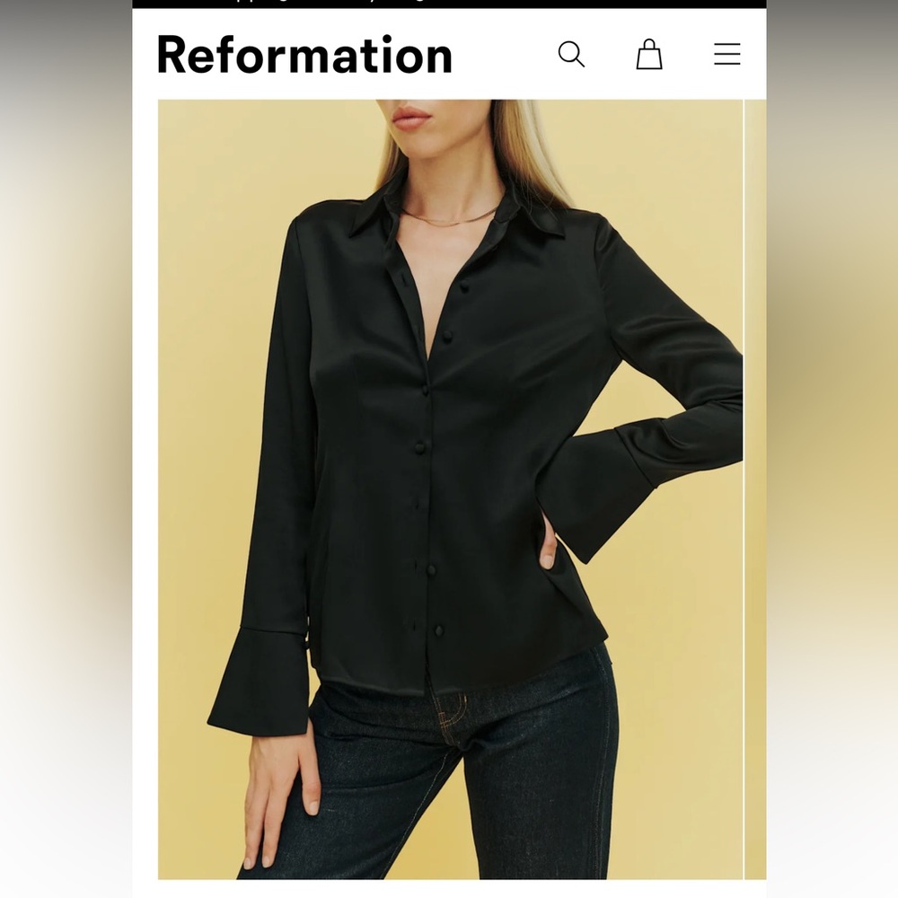 Reformation Samara Satin Button Down Blouse Shirt Size 10 Flared Cuff - Picture 2 of 9